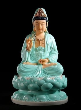 石雕天青釉观音佛像娑婆三圣摆件