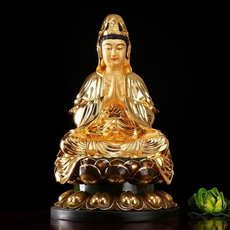 圆通佛具纯铜鎏金合掌观音佛像家用佛堂供奉观世音菩萨铜像摆件