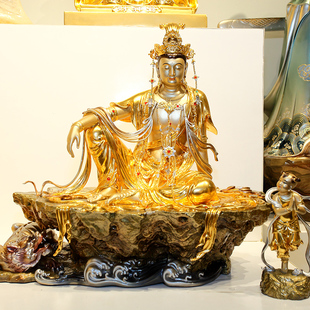 纯铜贴金水月自在观音佛像家用供奉南海观世音菩萨佛像铜像摆件
