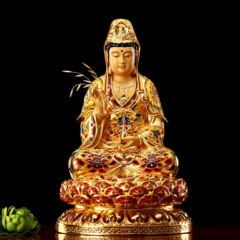 台湾贴金彩绘观音菩萨佛像家用供奉南海坐莲观世音菩萨铜像摆件