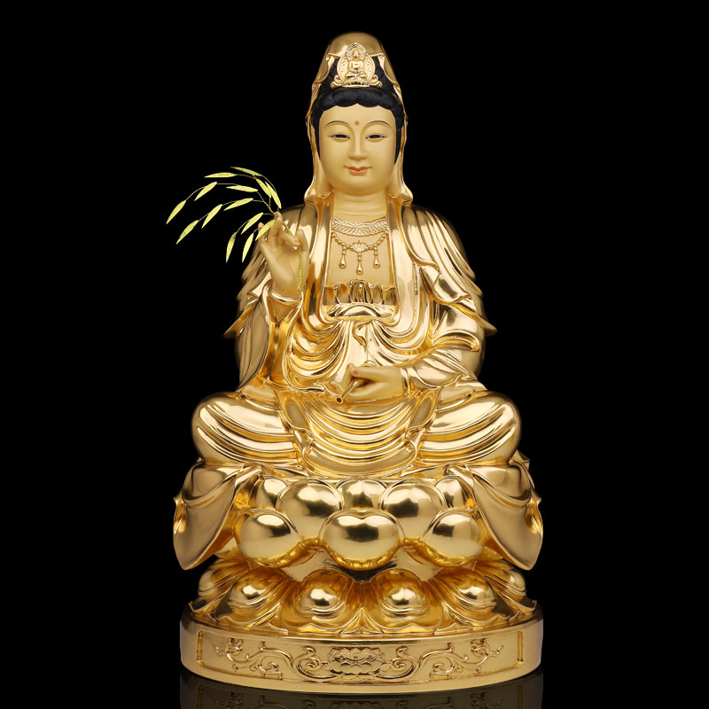 圆通佛具 纯铜 贴金观音菩萨家用供奉南海坐莲观世音菩萨铜像摆件