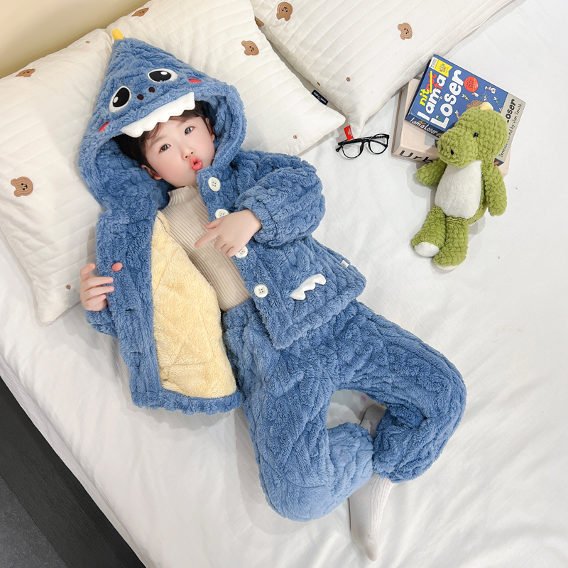 珊瑚绒冬季套装三层夹棉加厚睡衣