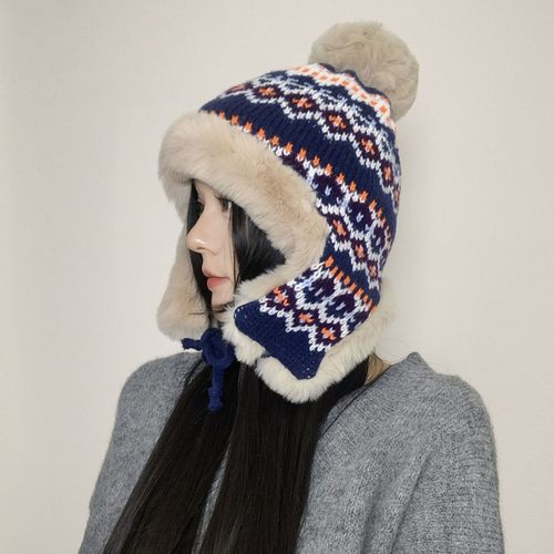 费尔岛风帽子女冬针织毛线帽保暖加绒加厚户外玩雪防寒护耳雷锋帽