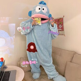 丑鱼连体睡衣女冬季珊瑚绒加厚加绒冬天情侣男卡通搞怪睡袍家居服