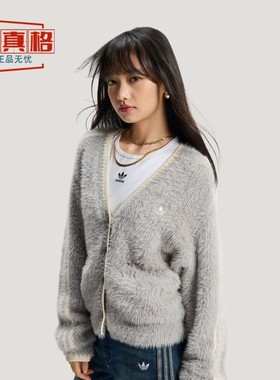 阿迪达斯女装三叶草26新年款宽松V领红灰色针织开衫KT3170-KT3171