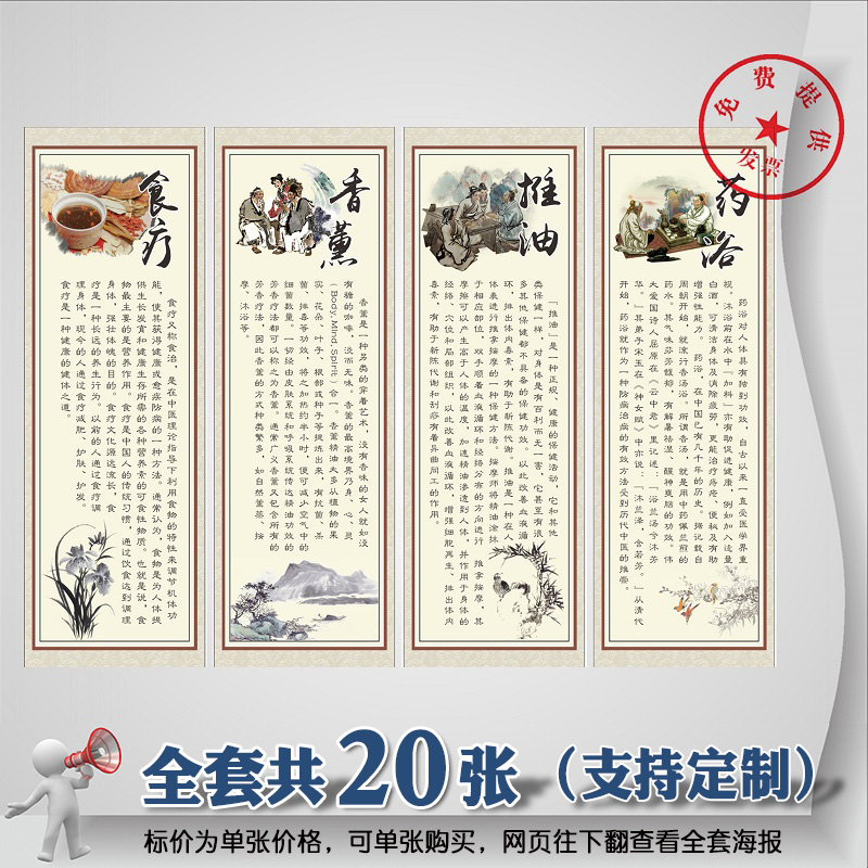 中华传统中医养生保健挂图 拔罐刮痧香薰药浴 中医文化宣传海报