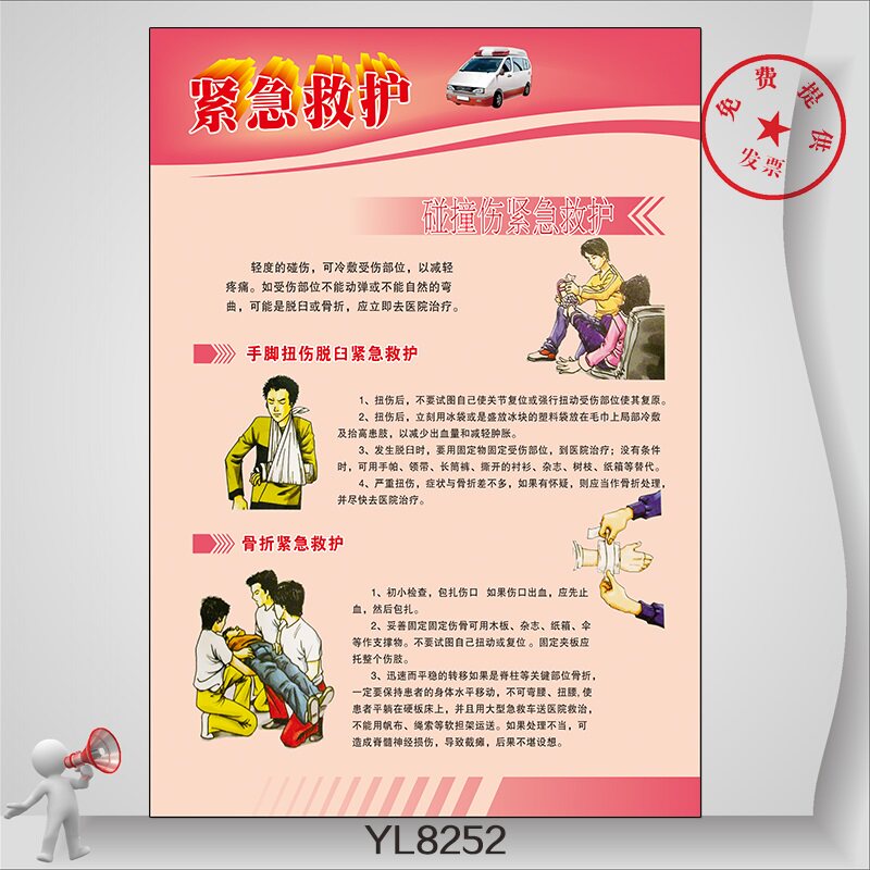 碰撞伤紧急救护宣传文化海报 手脚扭伤脱臼骨折紧急救护知识挂图