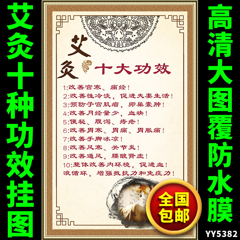 艾灸的功效知识挂图 中医养生文化宣传海报 美容养生馆墙贴画定做