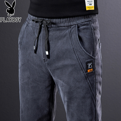 花花公子秋冬季加绒牛仔裤男士松紧腰弹力小脚加厚休闲长裤子男潮