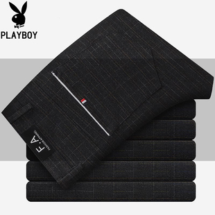 花花公子秋冬加绒休闲裤男修身直筒韩版潮流棉麻格纹小脚长裤子男