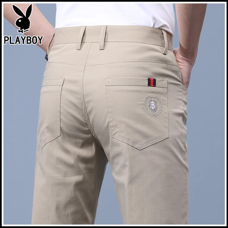 花花公子卡其色商务裤子男休闲西裤宽松直筒弹力夏季薄款长裤男士