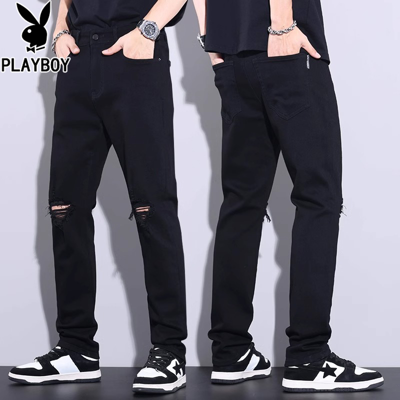 花花公子秋冬季黑色牛仔裤男士韩版潮流修身破洞小直筒休闲长裤子