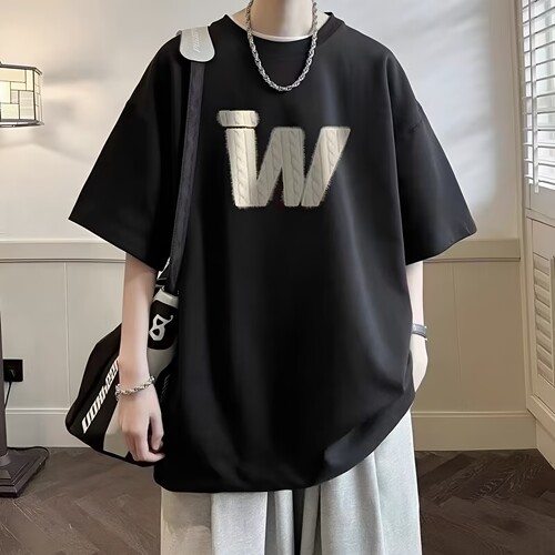W字母宽松纯棉短袖T恤男女夏季