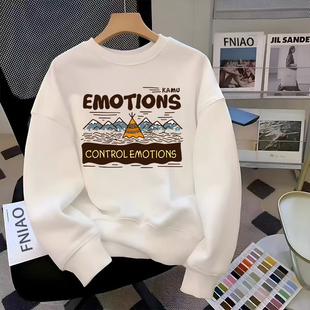 外套 宽松百搭长袖 美式 潮牌圆领卫衣男女秋冬加绒加厚无帽上衣韩版