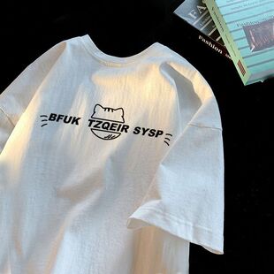 韩版 t恤男女夏装 休闲上衣 印花小猫头像字母纯棉短袖 大牌出口外贸