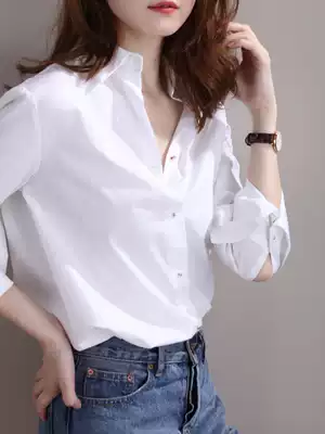 Temperament and handsome JPOO jane Pu exquisite copper button megan high cotton striped white long-sleeved shirt women spring and summer