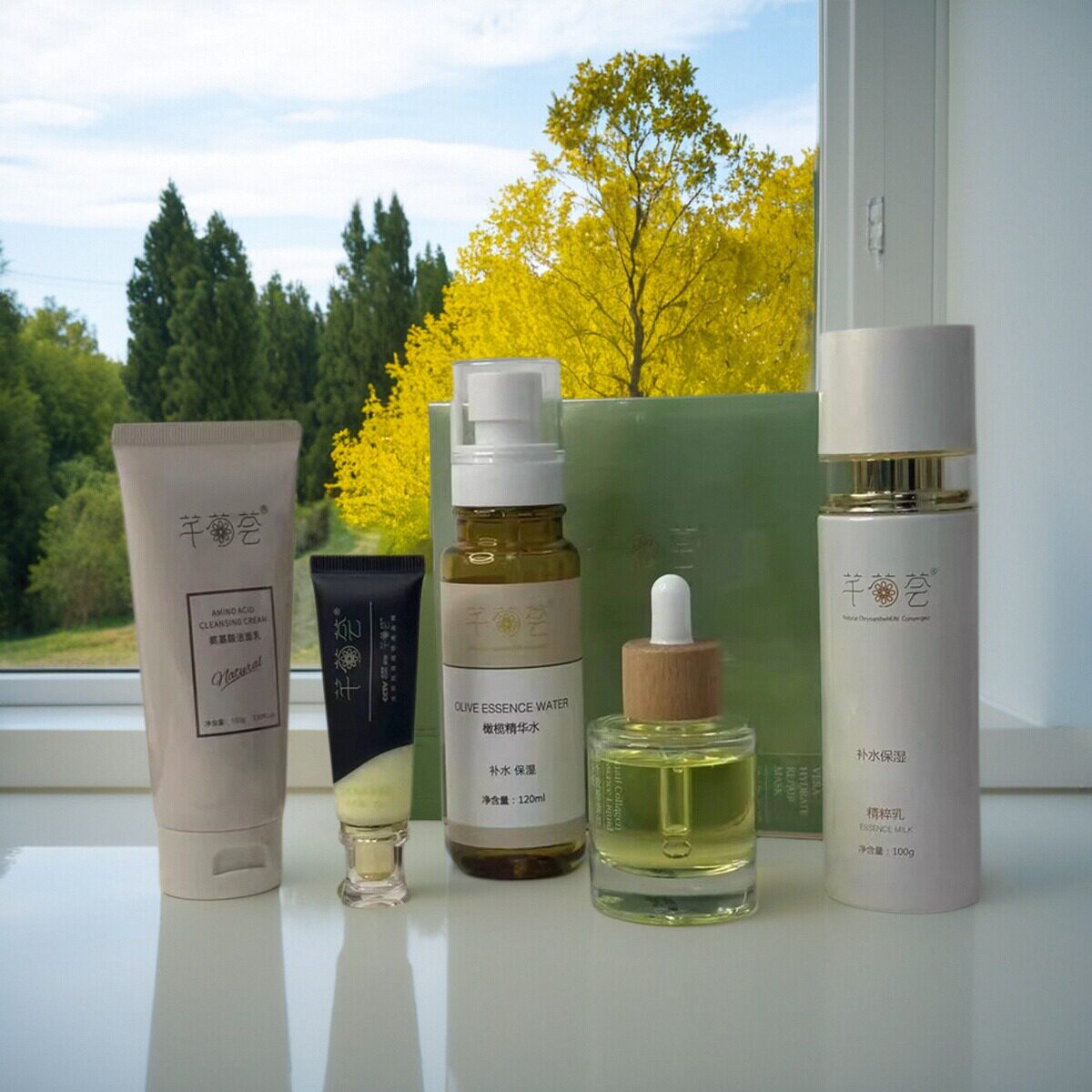 芊菊荟橄榄精华水乳液面膜补水收缩毛孔保湿抗皱紧致提亮肤色一套