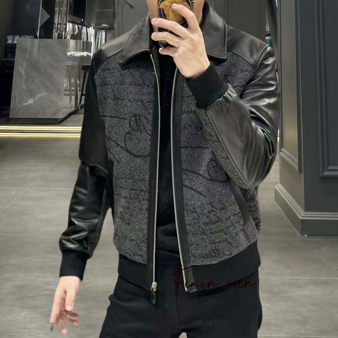 高端男士长袖翻领拼皮夹棉外套