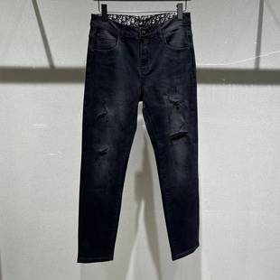 小脚潮牌修身 破洞牛仔裤 黑灰色时尚 个性 子 欧洲站秋季 弹力长裤 男士