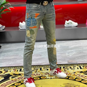 欧货高端夏季男士牛仔裤小脚修身潮牌修身南瓜风印花弹力休闲长裤