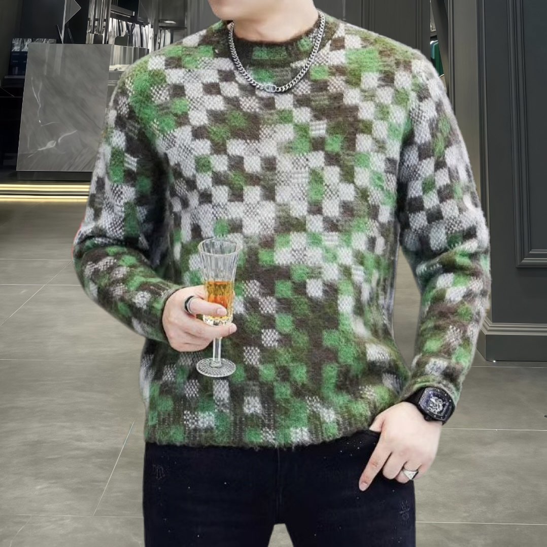 欧洲站秋冬季男士长袖羊毛衫潮流时尚修身格子打底针织衫休闲毛衣