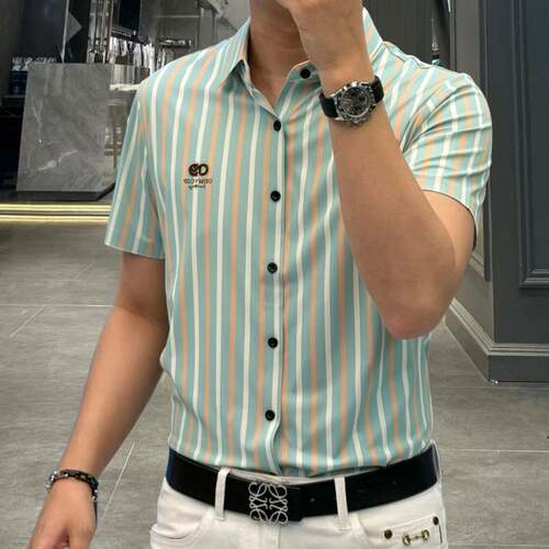 欧洲站夏季男士冰丝条纹短袖衬衫