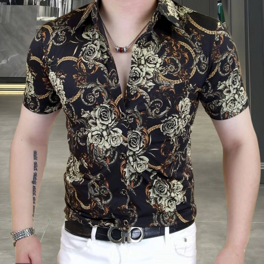 欧洲站夏季男士冰丝短袖衬衫修身
