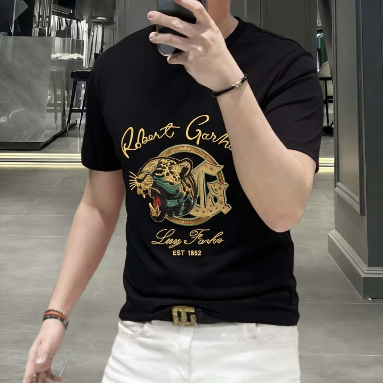 欧洲站夏季男士冰丝棉圆领短袖t恤潮牌时尚老虎刺绣半袖体恤凉感T