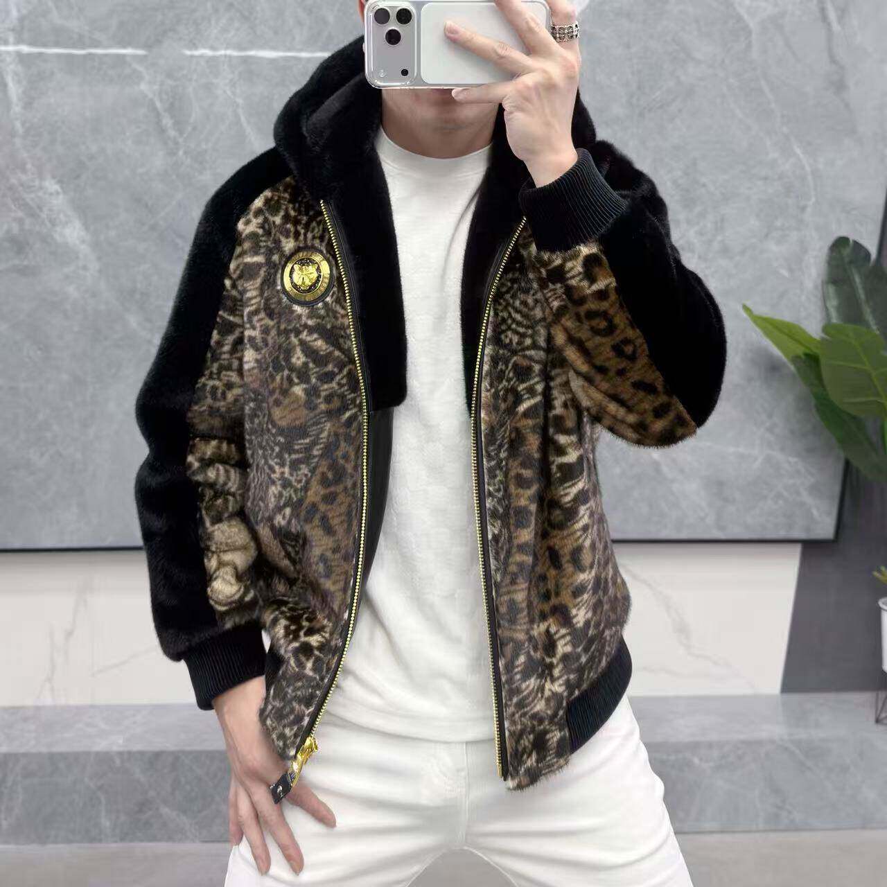 欧货高端冬季男士金貂绒连帽豹纹