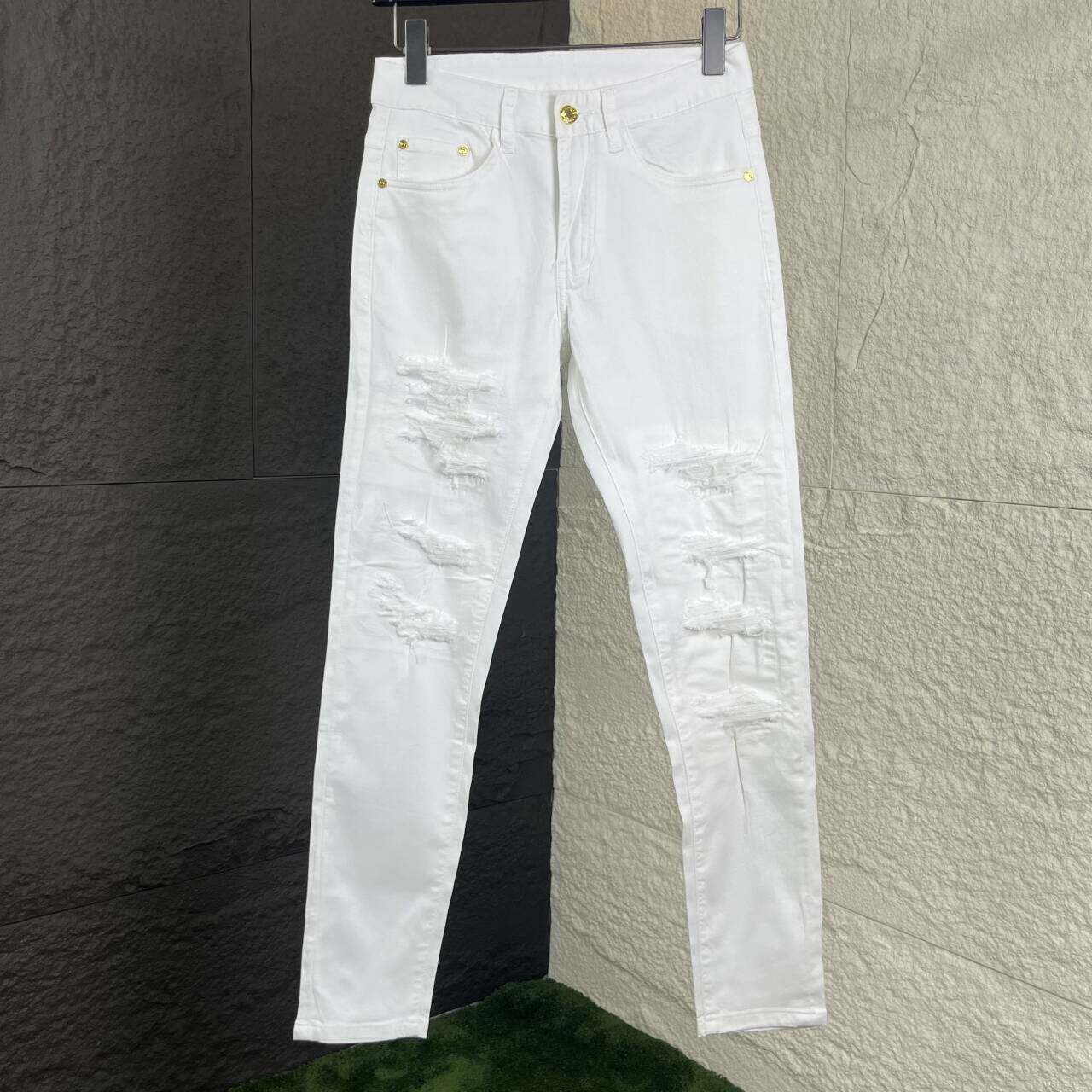 欧洲站夏季男士白色破洞牛仔裤