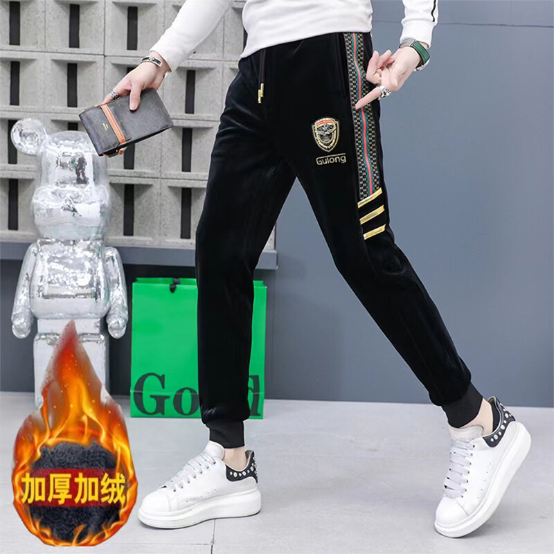 欧洲站冬季男士加绒加厚休闲裤潮牌小脚修身卫裤时尚束脚运动长裤
