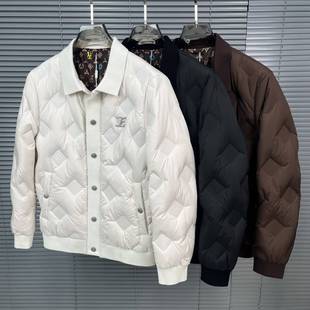 欧货高端冬季男士翻领羽绒服轻薄款潮流时尚修身暗花保暖休闲外套