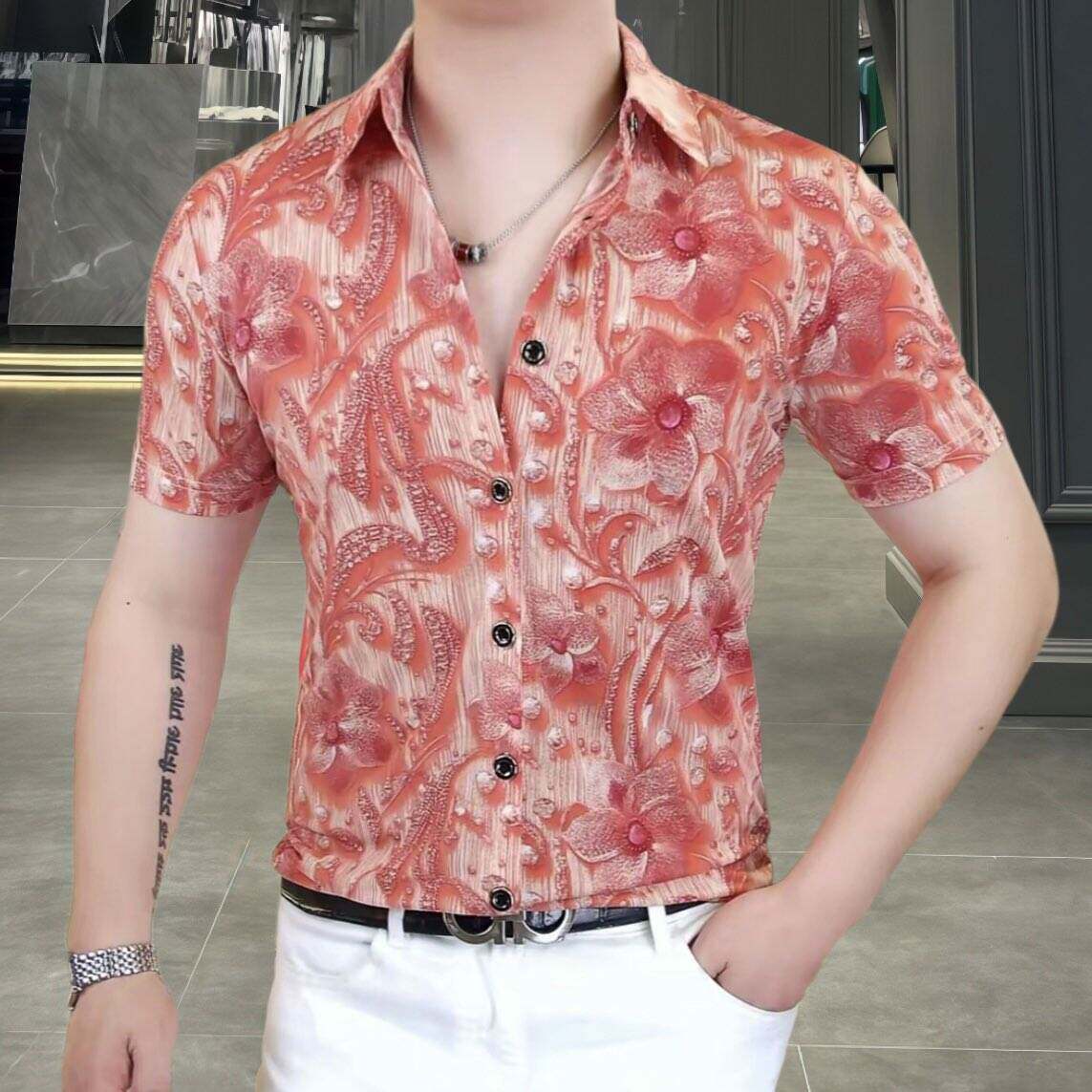 欧洲站夏季男士冰丝短袖衬衫修身