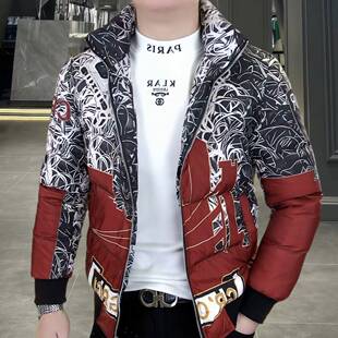 欧洲站冬季男士立领羽绒服潮流时尚个性印花保暖修身外套帅气袄子