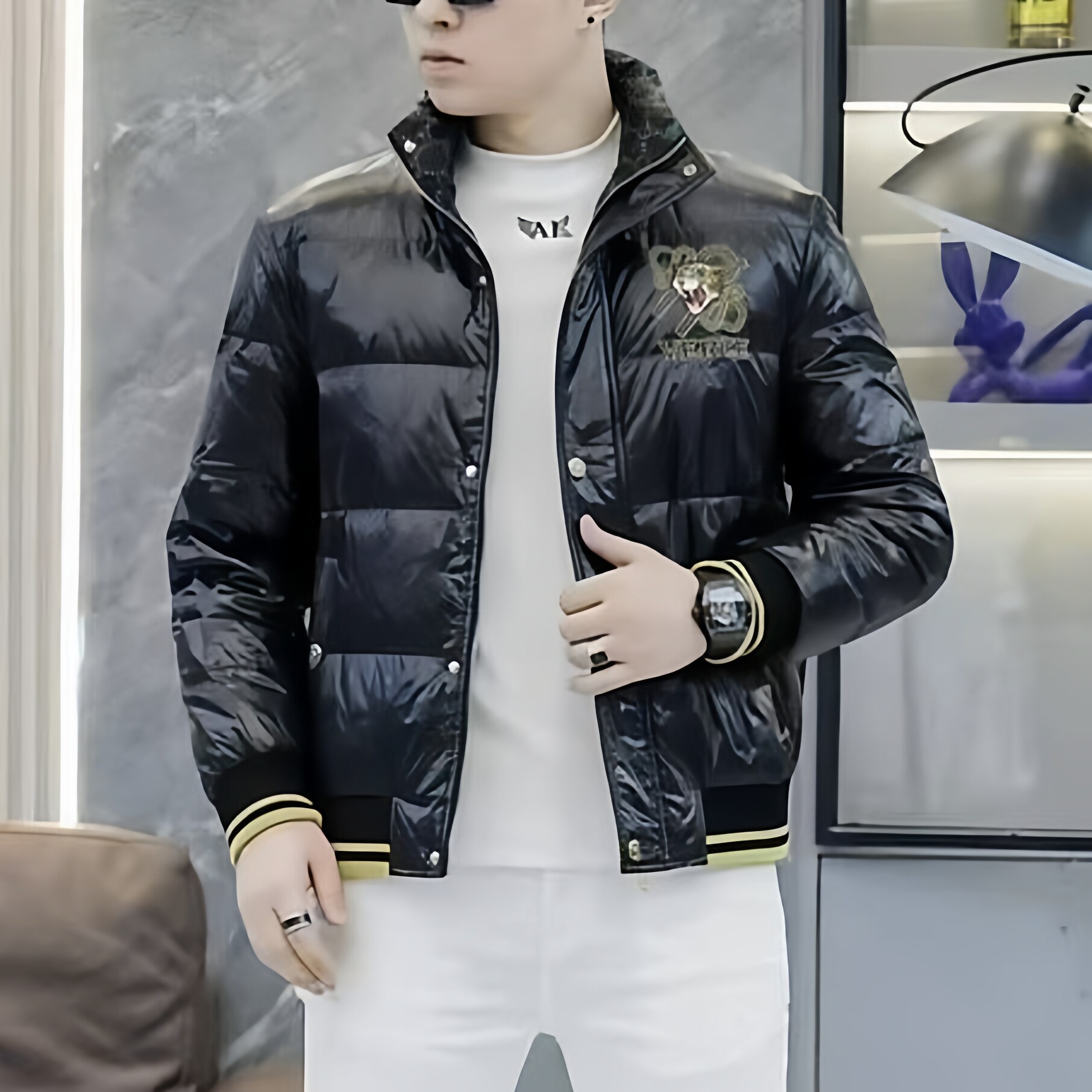 欧货高端冬季男士羽绒服老虎刺绣