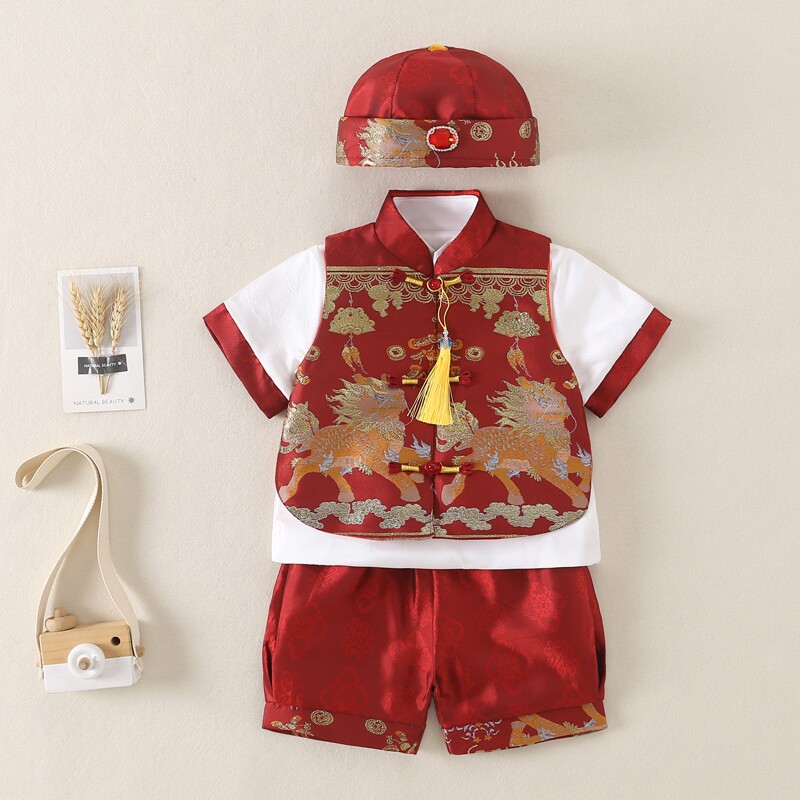 新中式唐装男宝宝周岁礼服套装婴幼儿百天生日抓周服红色周岁宴服