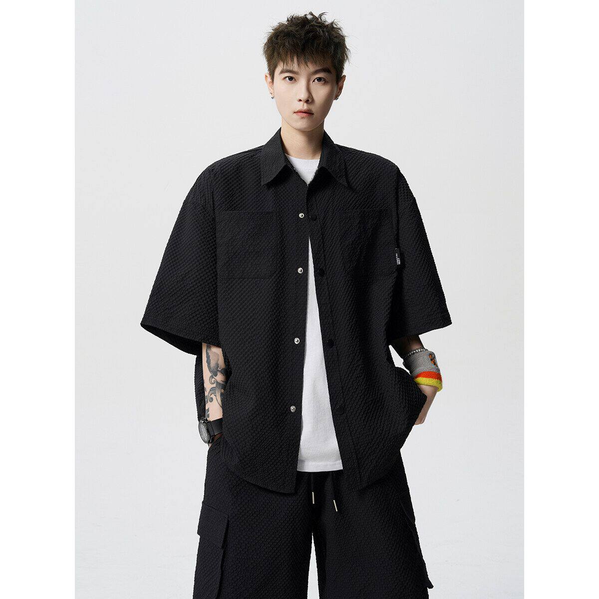 短袖衬衫套装男休闲夏季痞帅搭配整套潮流冰丝衣服港风百搭一套装