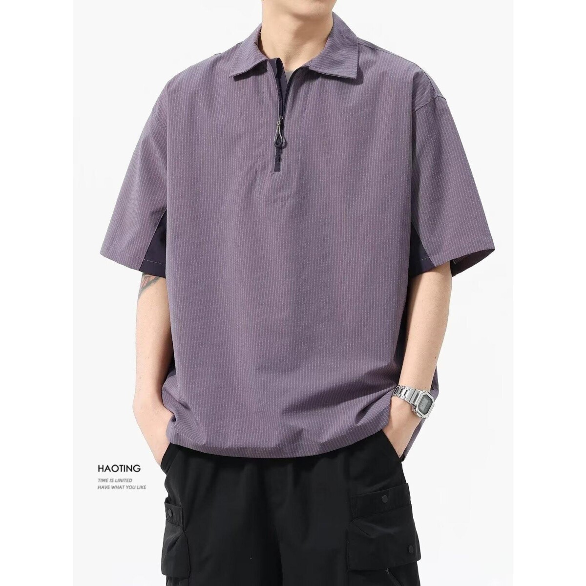 半拉链翻领polo衫设计感短袖T恤男夏季半袖圆领体恤衫机能上衣潮