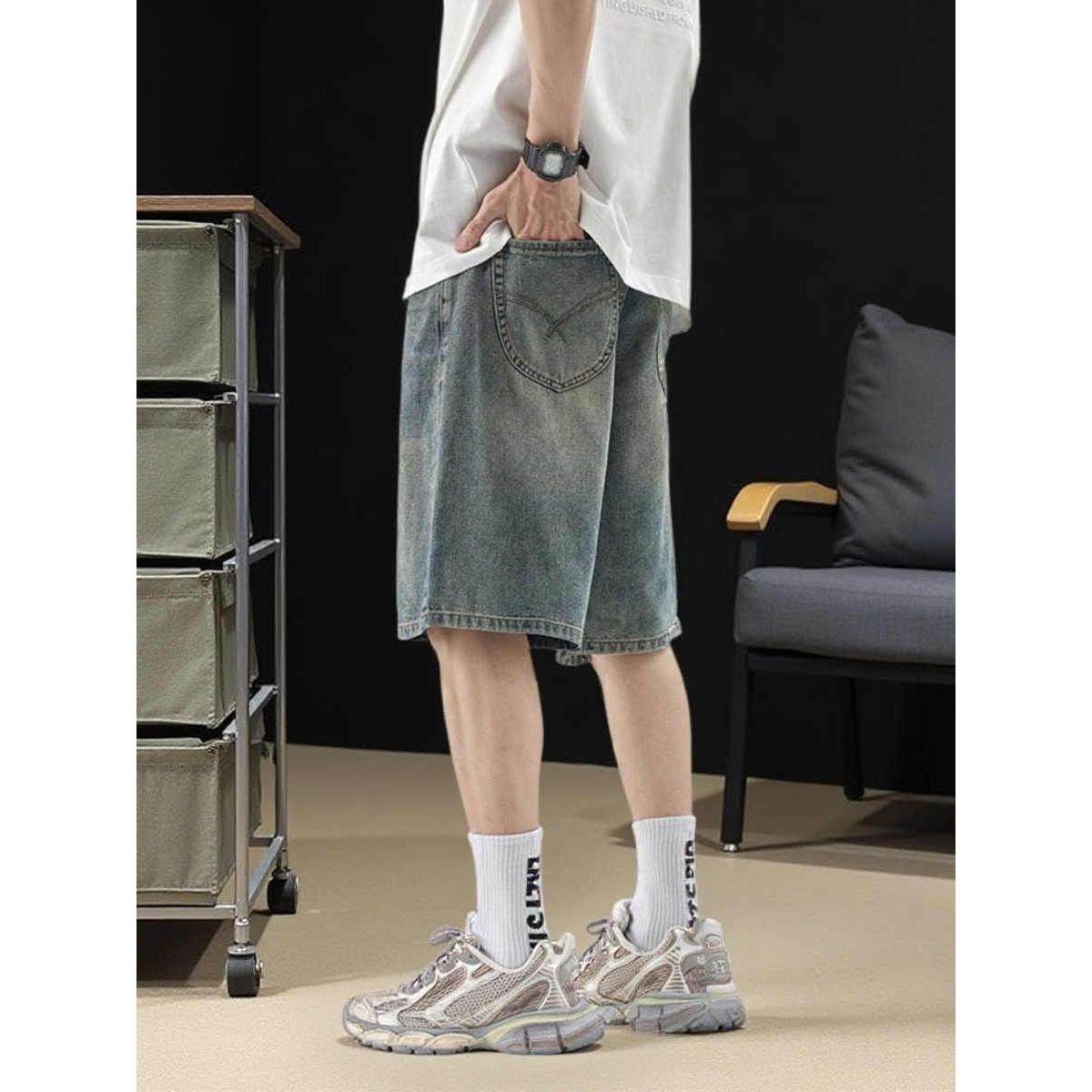 新款夏季休闲宽松直筒牛仔短裤男美式潮流复古做旧男款百搭五分裤