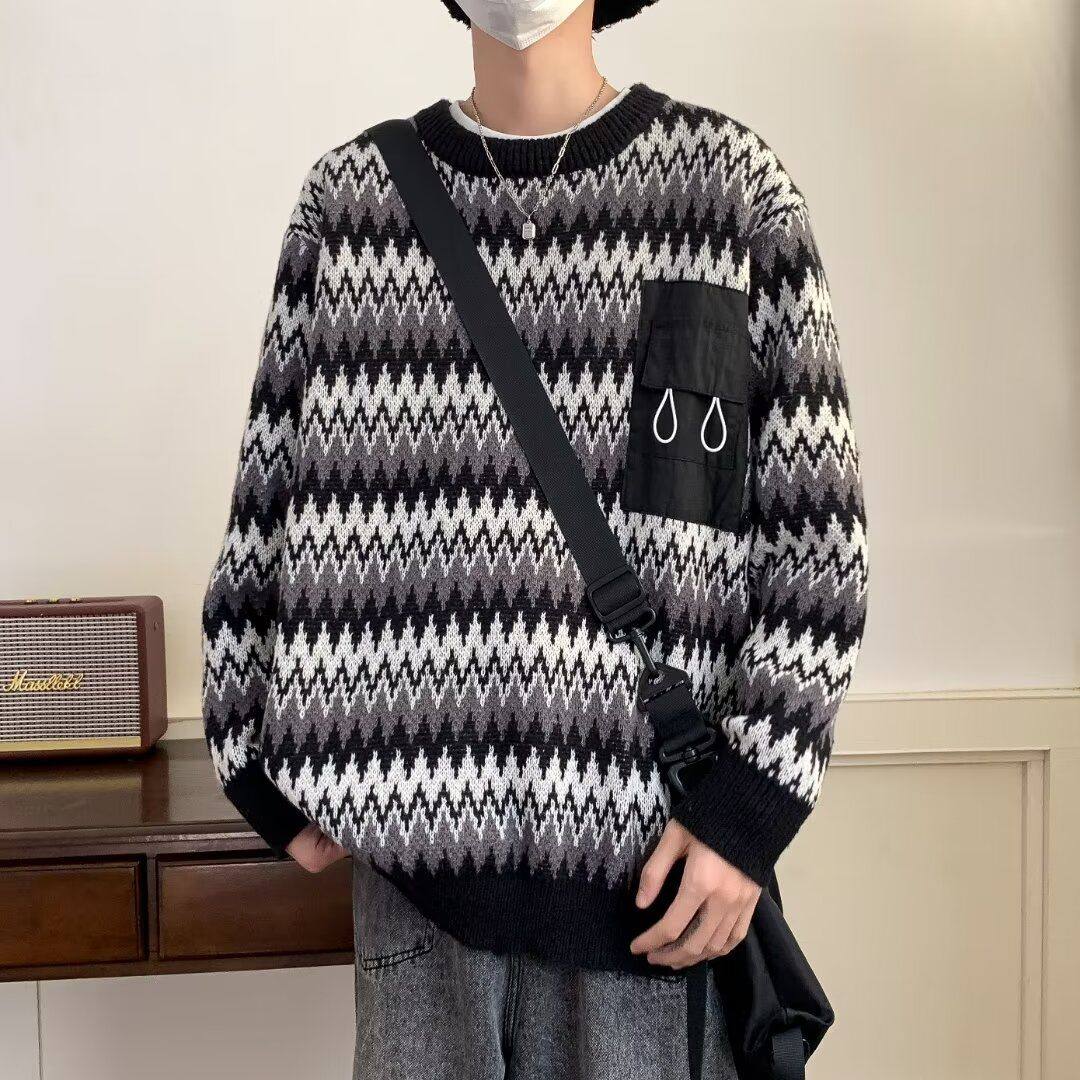 男士波浪纹针织衫休闲圆领毛衣2025秋冬季新款潮流轻奢男套头外套
