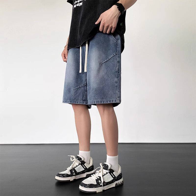 蓝色复古高街牛仔短裤男夏季2025年新款美式工装大码宽松五分中裤