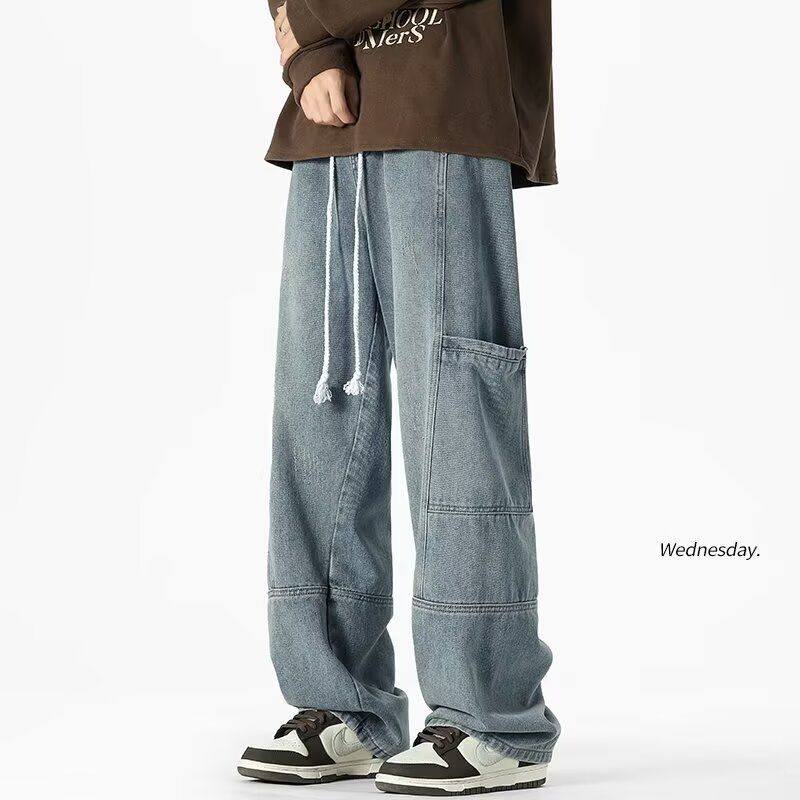 港风工装牛仔裤男直筒宽松阔腿复古美式高街裤子潮牌痞帅休闲长裤