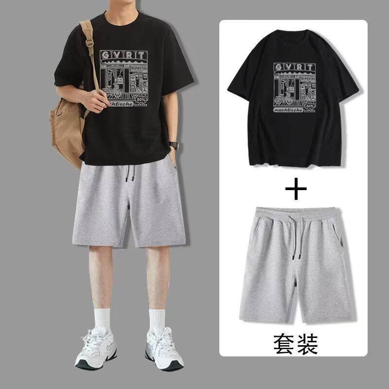 冰丝速干男士t恤夏季薄潮牌宽松短袖短裤篮球服一套跑步运动套装