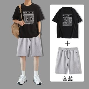 冰丝速干男士t恤夏季薄潮牌宽松短袖短裤篮球服一套跑步运动套装