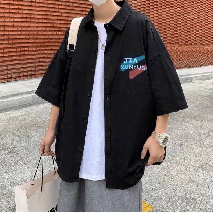 痞帅短袖衬衫男生夏季薄款潮牌潮流上衣宽松大码2025新款休闲外套