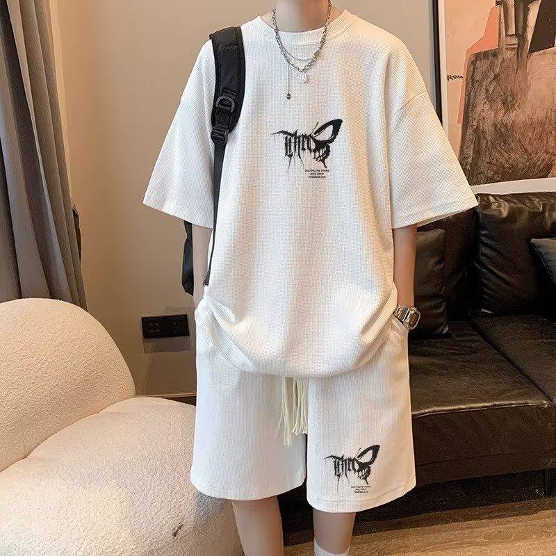 大码夏季时尚潮套装男薄款短袖t恤短裤运动休闲男装一套搭配帅气