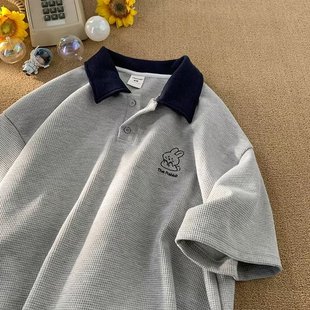 华夫格短袖t恤男polo衫高级感夏季潮流日系复古宽松美式有领半袖