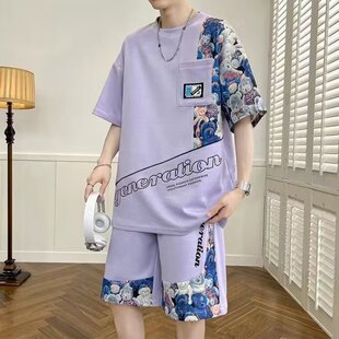 2023夏季新款男士短袖短裤休闲套装男式运动两件套花式沙滩2件装