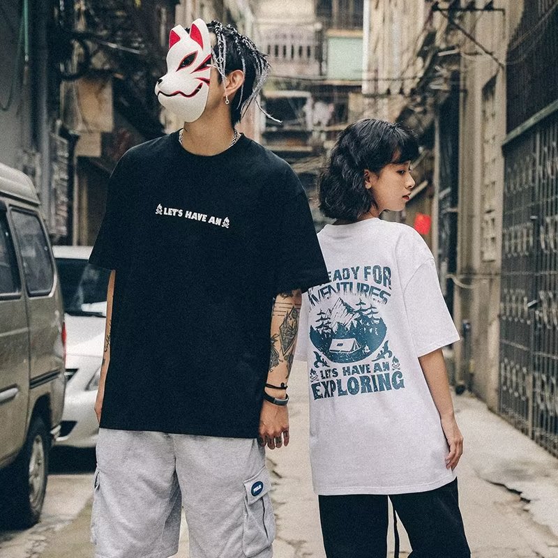 港风潮流白色T恤上衣夏季新款港仔百搭t恤衫休闲运动国潮印花衣服