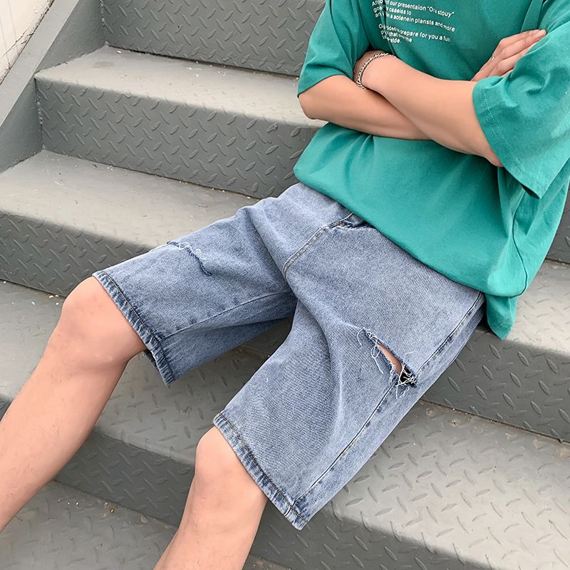 男夏季薄款潮流韩版破洞五分牛仔短裤大码宽松休闲中裤运动马裤潮